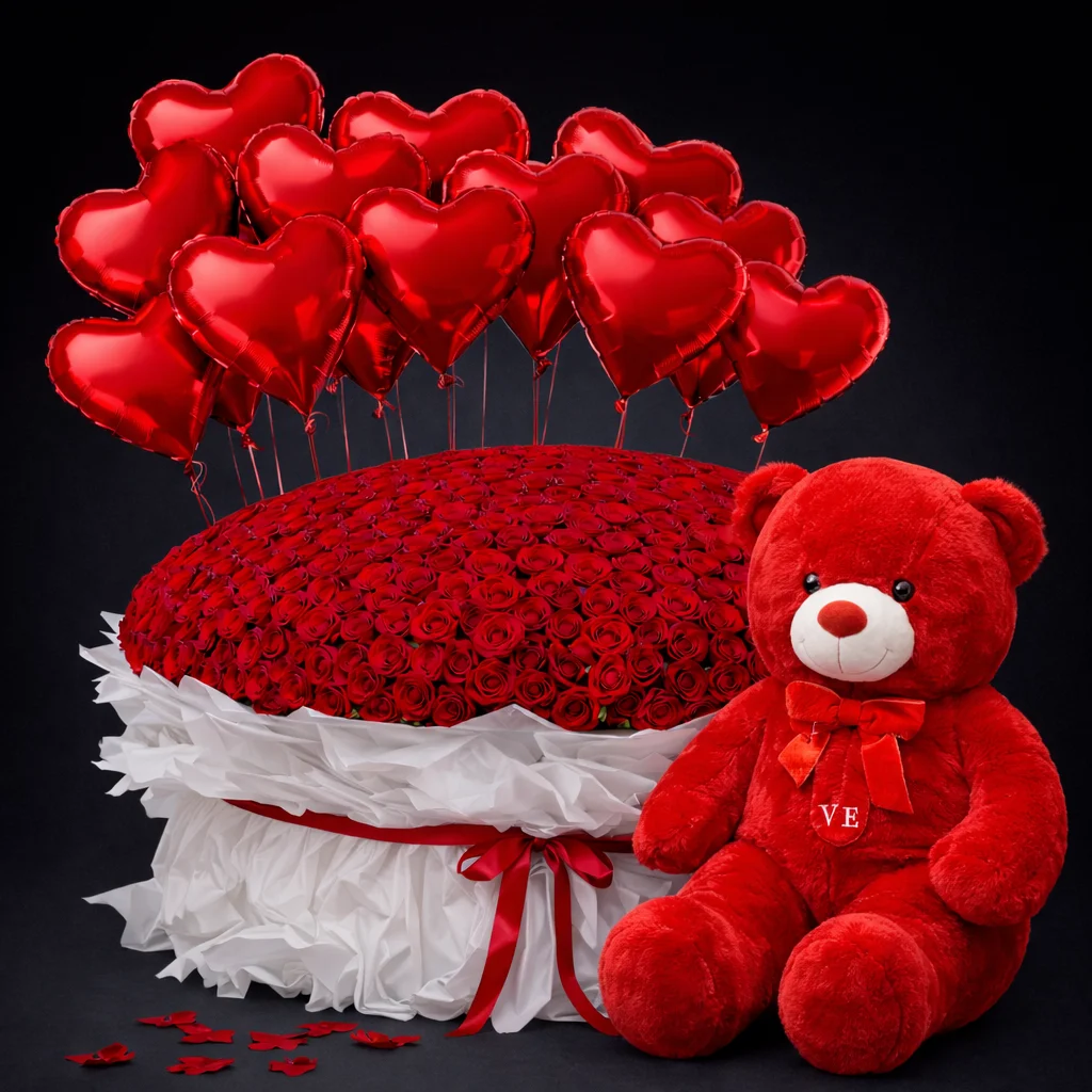 Grand Gesture of Love – 301 Roses, XL Teddy & 15 Balloons