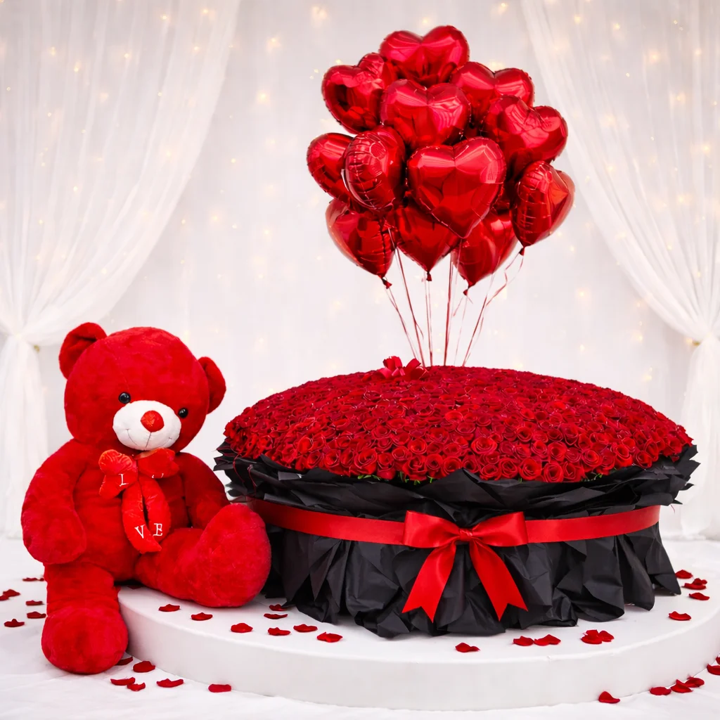 501 Roses Signature Black Grand Heart of Love – XXL Teddy & 21 Heart Balloons